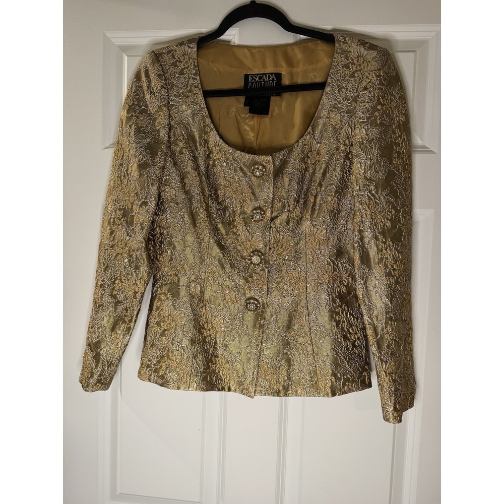 Escada Couture Vintage Blazer Gold White Ornate Floral Pattern Decor Beading 36